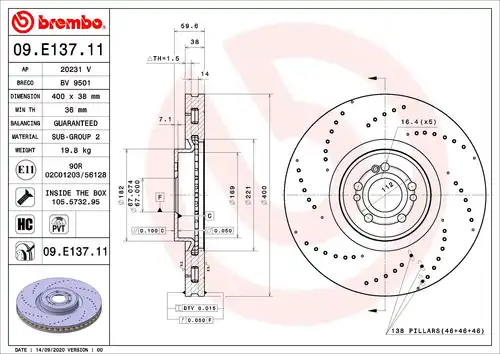 спирачен диск BREMBO 09.E137.11