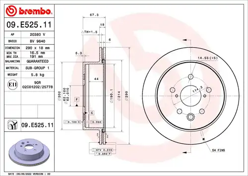 спирачен диск BREMBO 09.E525.11