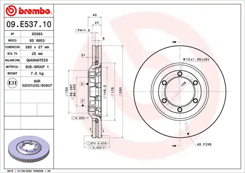 спирачен диск BREMBO 09.E537.10