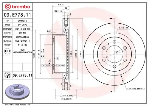 спирачен диск BREMBO 09.E778.11