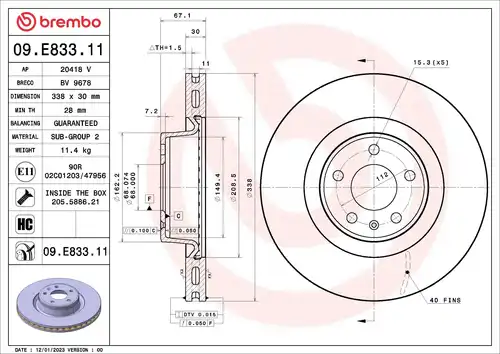 спирачен диск BREMBO 09.E833.11