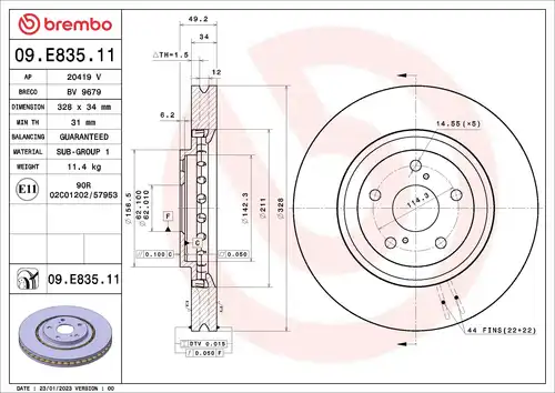 спирачен диск BREMBO 09.E835.11