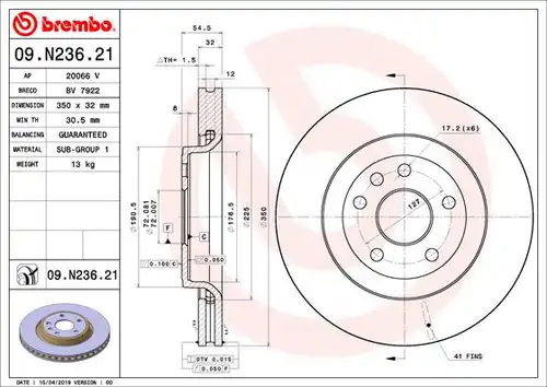 спирачен диск BREMBO 09.N236.21