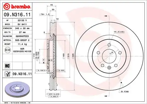 спирачен диск BREMBO 09.N316.11