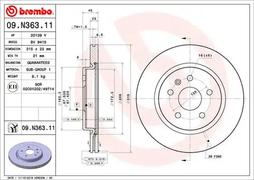 спирачен диск BREMBO 09.N363.11