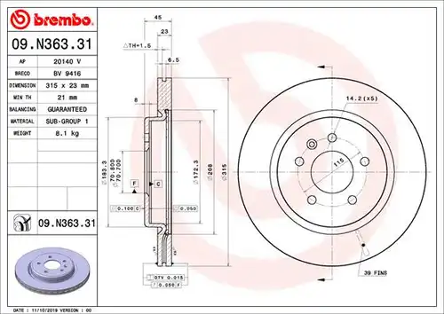 спирачен диск BREMBO 09.N363.31