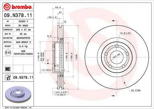 спирачен диск BREMBO 09.N378.11