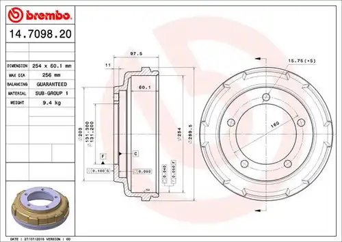 спирачен барабан BREMBO 14.7098.20