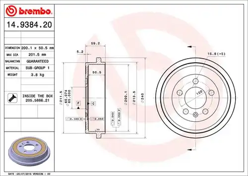 спирачен барабан BREMBO 14.9384.20