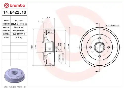 спирачен барабан BREMBO 14.B422.10