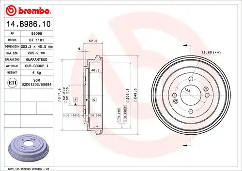 спирачен барабан BREMBO 14.B986.10