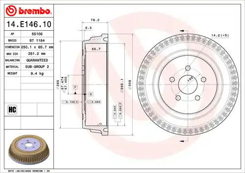 спирачен барабан BREMBO 14.E146.10