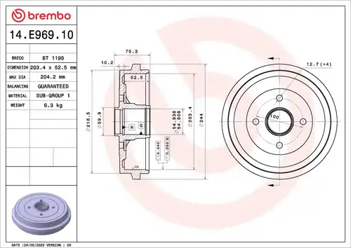 спирачен барабан BREMBO 14.E969.10