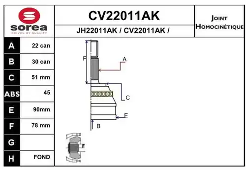 каре комплект, полуоска EAI CV22011AK