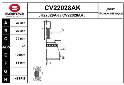 каре комплект, полуоска EAI CV22028AK