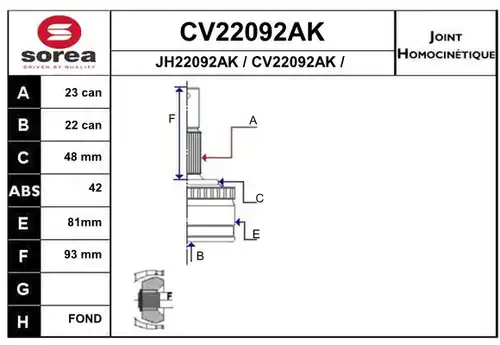 каре комплект, полуоска EAI CV22092AK