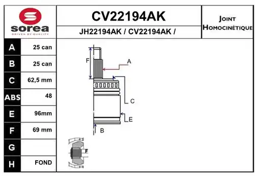 каре комплект, полуоска EAI CV22194AK