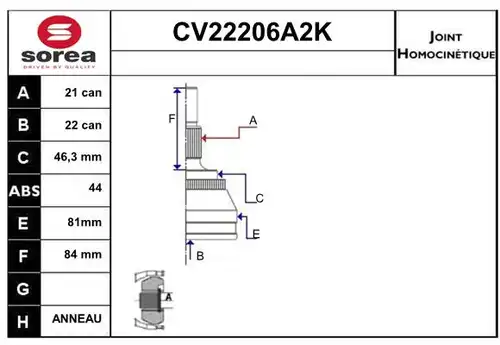 каре комплект, полуоска EAI CV22206A2K