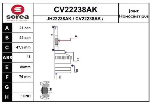 каре комплект, полуоска EAI CV22238AK