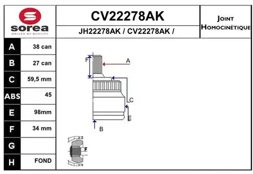 каре комплект, полуоска EAI CV22278AK