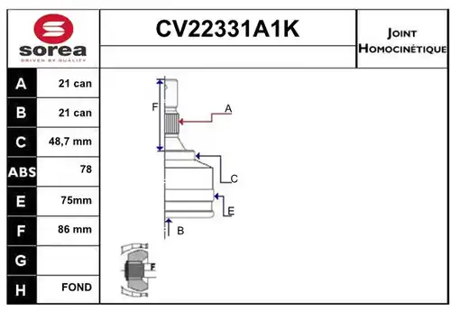 каре комплект, полуоска EAI CV22331A1K