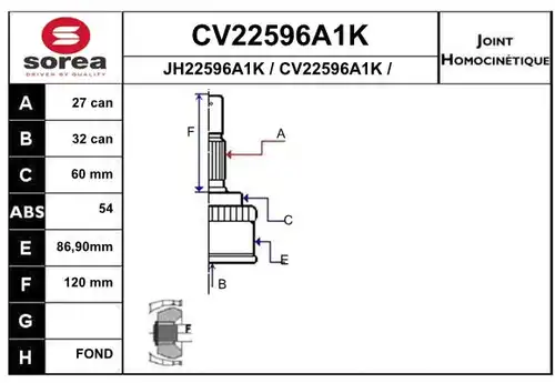 каре комплект, полуоска EAI CV22596A1K