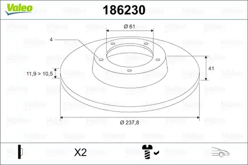 спирачен диск VALEO 186230