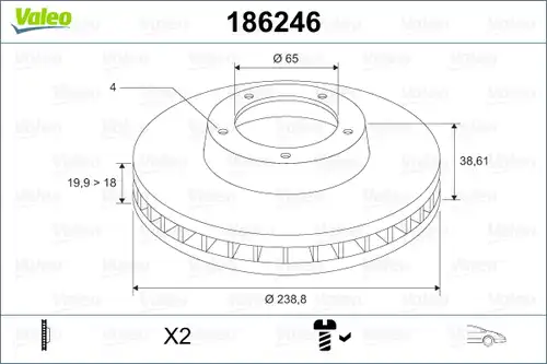 спирачен диск VALEO 186246