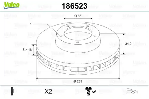 спирачен диск VALEO 186523