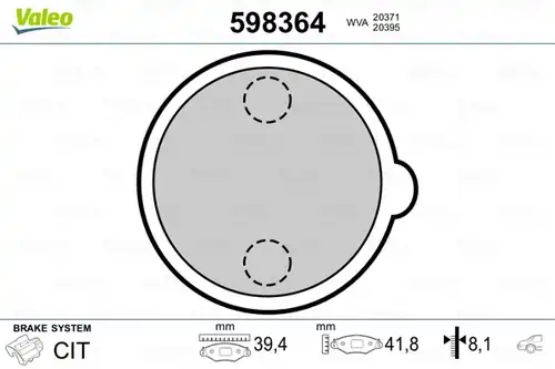 комплект феродо за накладки, дискова ръчна спирачка VALEO 598364