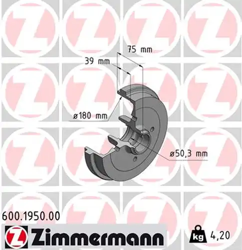 спирачен барабан ZIMMERMANN 600.1950.00